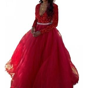 NEW AVA PRESLEY velvet sequin long sleeved ball gown in red